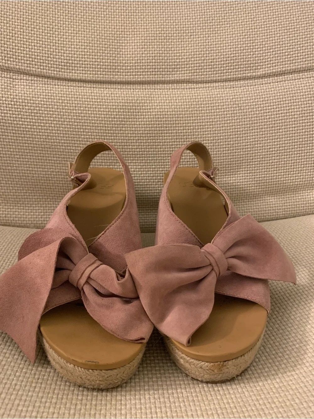 UGG Dusty Rose Suede Bow Wedge Sandals